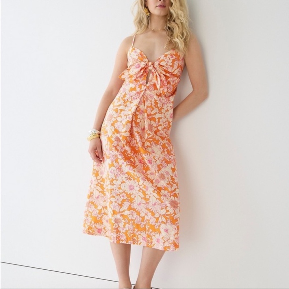 NWT J.Crew Orange Floral Tie Poplin Front Midi Dress M Tie Back